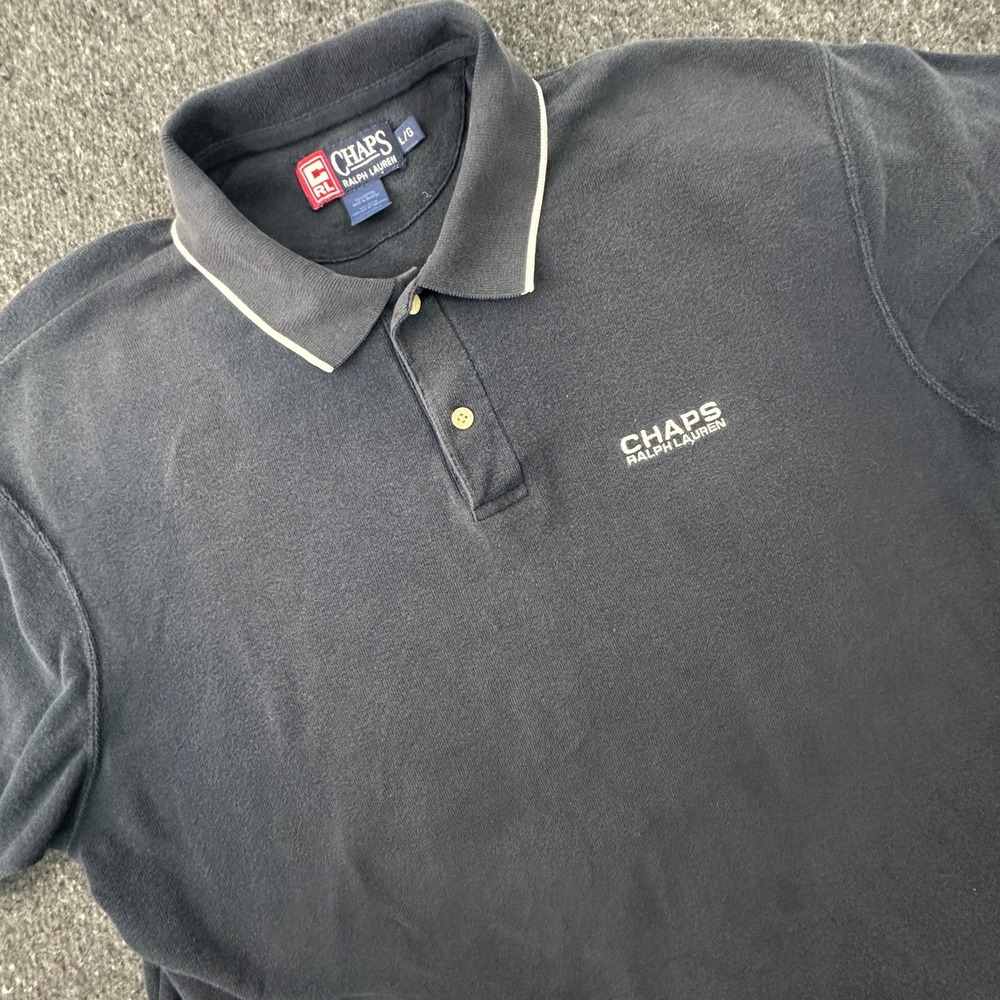Vtg 90s Chaps Ralph Lauren Polo Shirt Mens Large Black Tipped Collar Spell Out